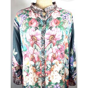 Johnny Was SILK Floral Bethia Mixed-Print Button Long-Sleeve PLUS Kimono Top